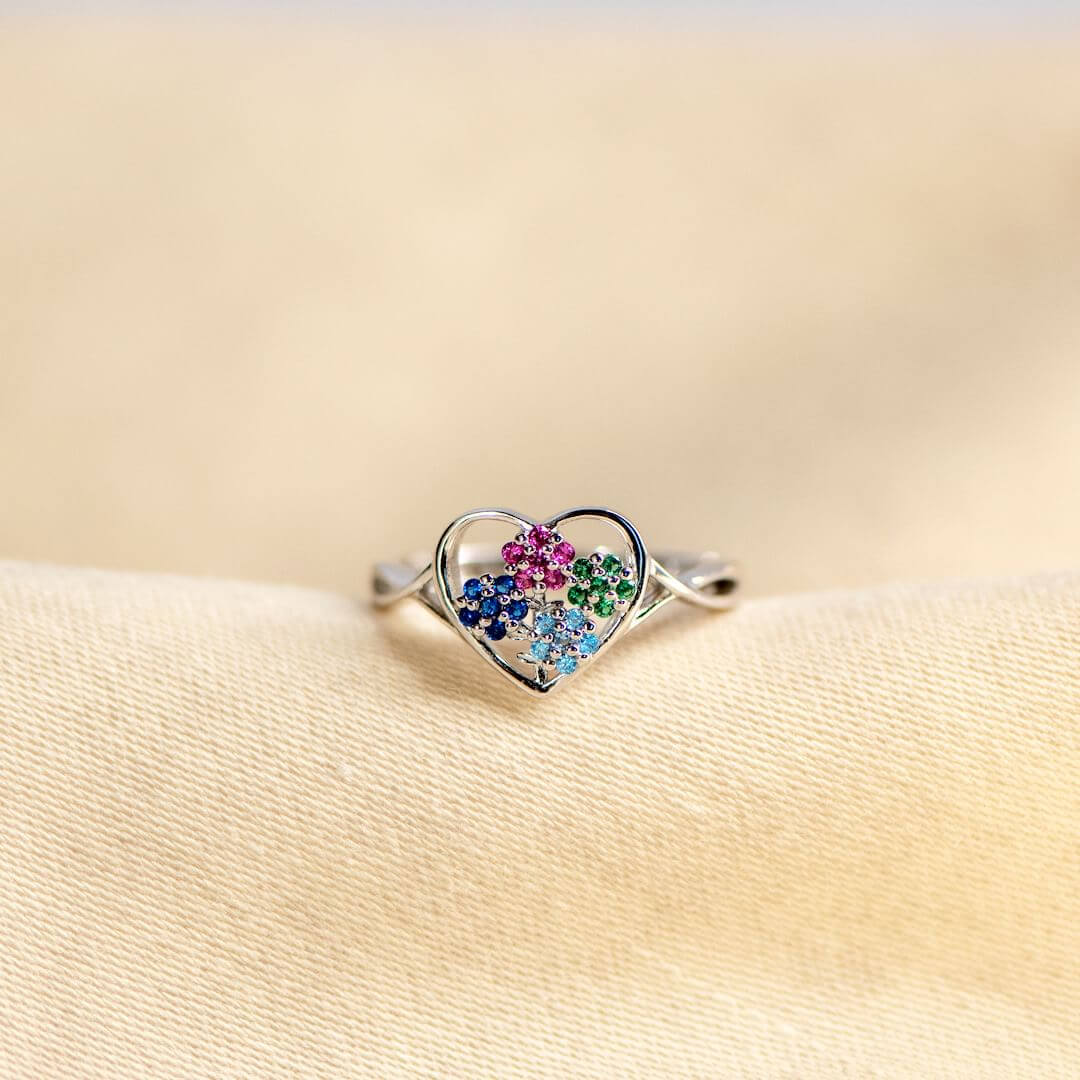 Mama's Heartbeats Ring - Personalized with 1-5 Birthstone Flowers